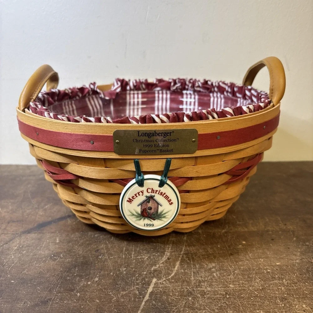 Longaberger Christmas Popcorn Basket Leather Handles Red White Stripe Liner Euc